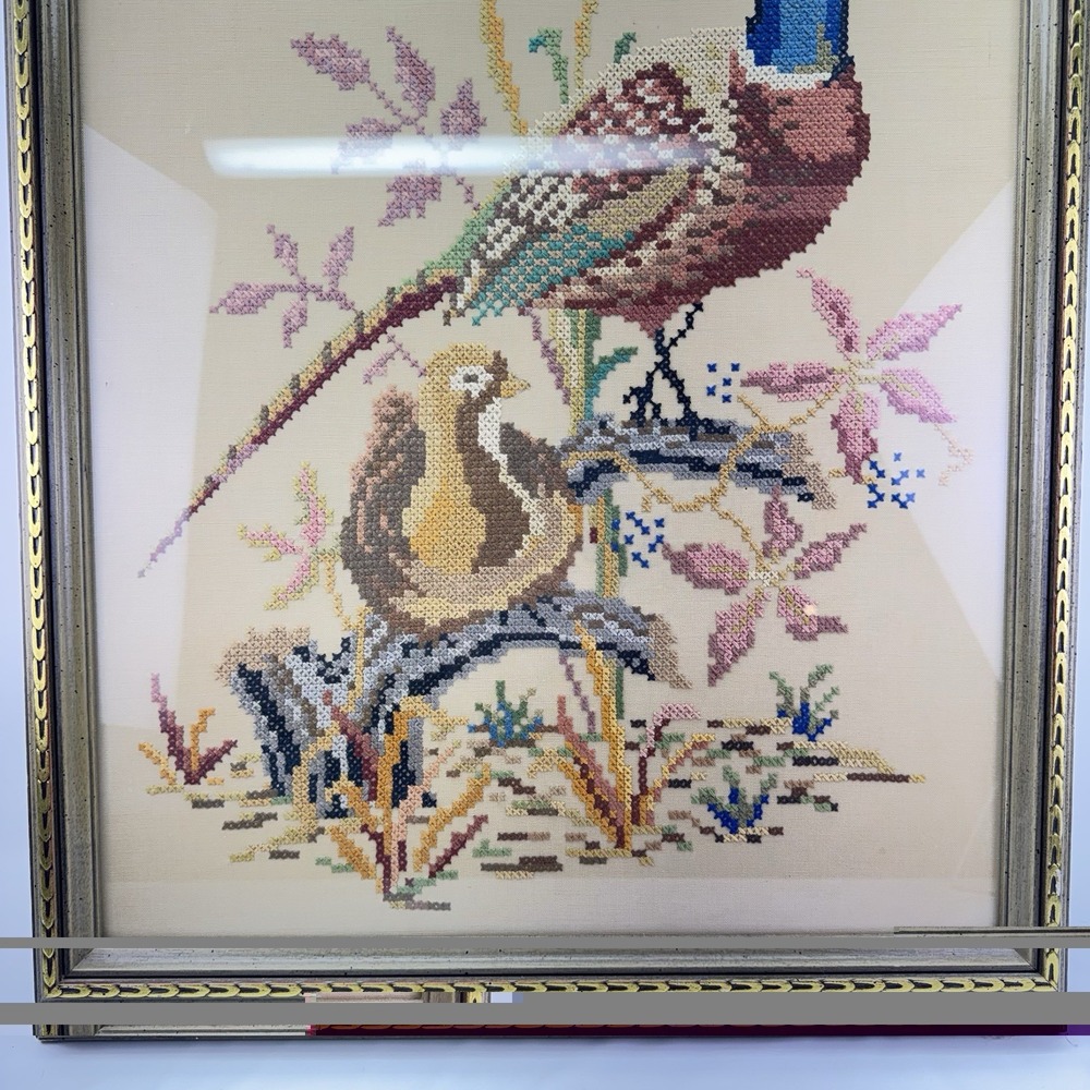 Vintage Framed Pheasant Cross Stitch Signed 1942 McCalls Pheasant Couple 24 x 20 - Picture 5 of 8